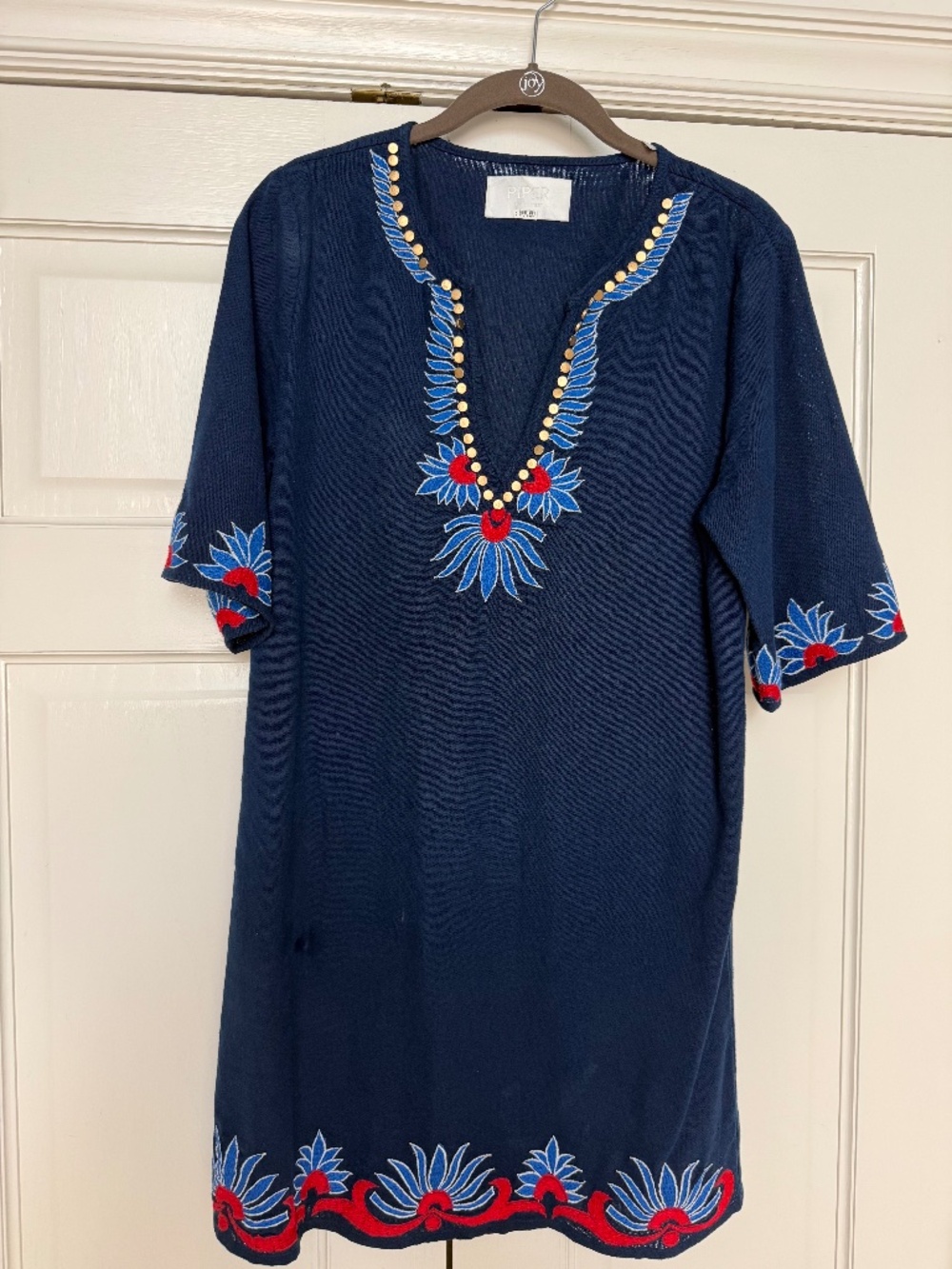 Piper By Townsen Navy Embroidered Short Sleeve Gold Studded Dress S